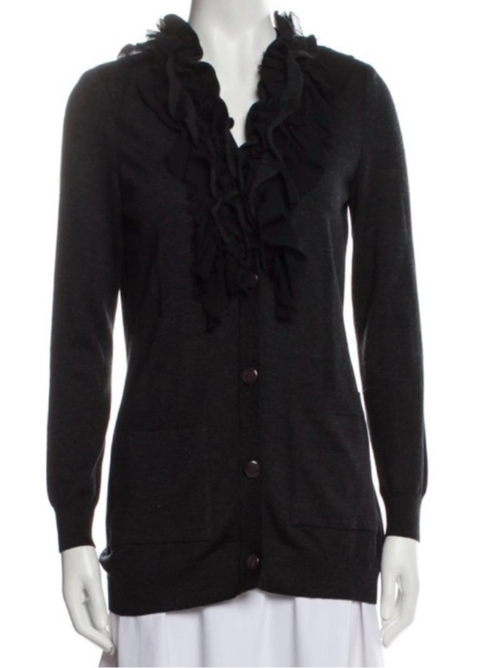 ST. JOHN Black Ruffle V-Neck Cardigan